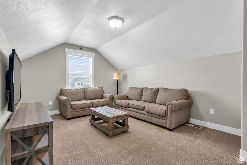Living room with a textured ceiling, vaulted ceiling, and light carpet
