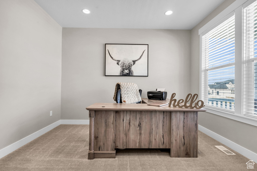 Office area with light colored carpet, healthy amount of natural light, and recessed lighting