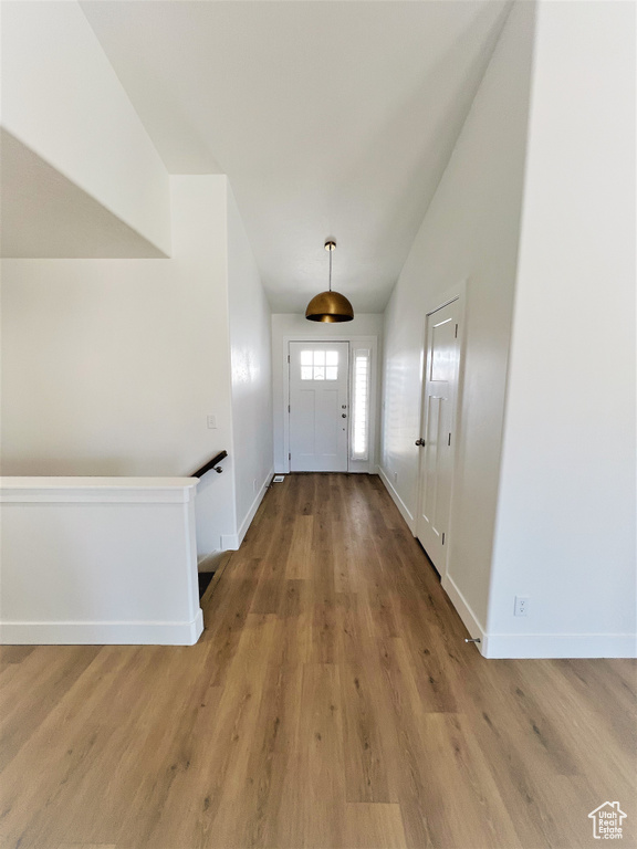 Foyer featuring wood finished floors and lofted ceiling