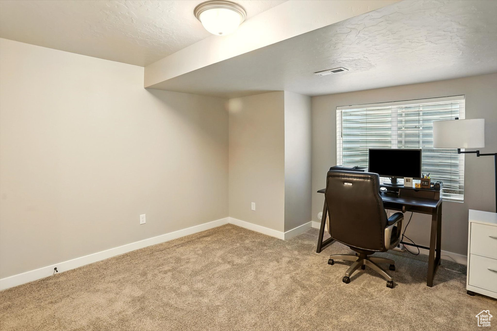 Office area with light carpet and a textured ceiling