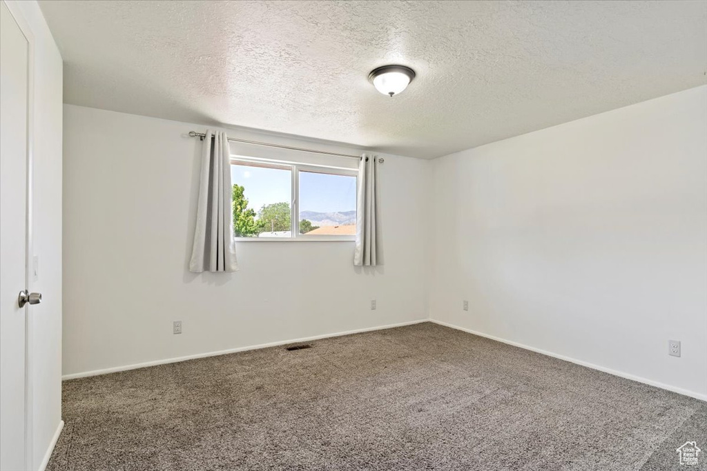 Carpeted spare room featuring a textured ceiling and baseboards