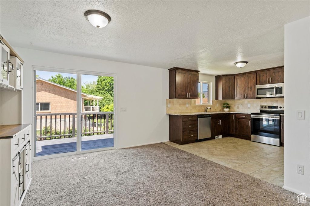 Kitchen featuring stainless steel appliances, light colored carpet, dark brown cabinets, plenty of natural light, and a textured ceiling