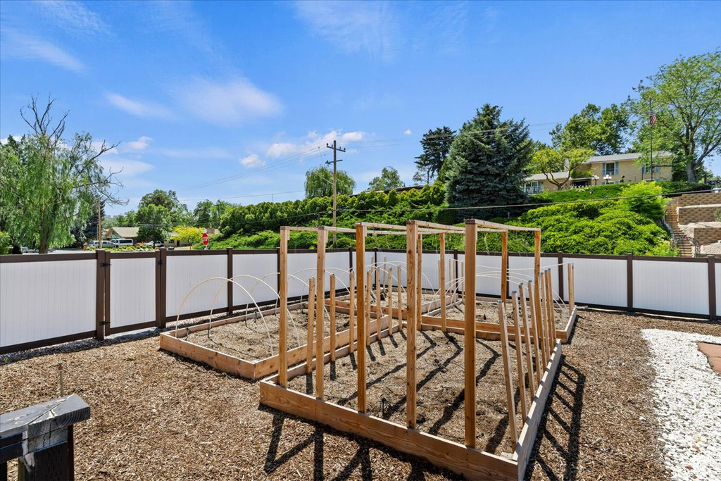 Fenced backyard with a vegetable garden
