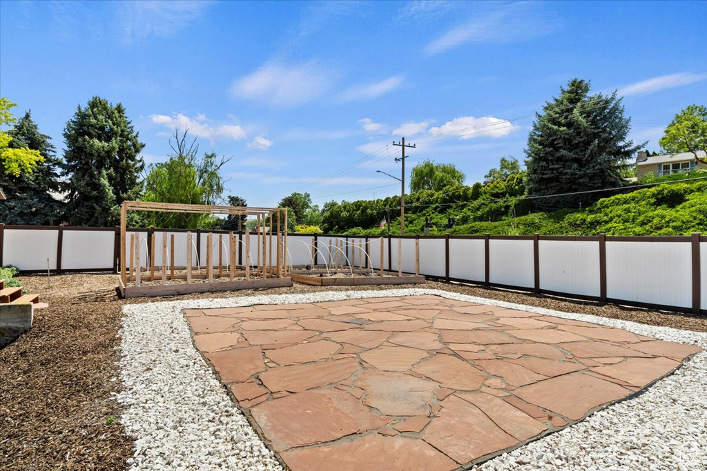Fenced backyard with a patio area
