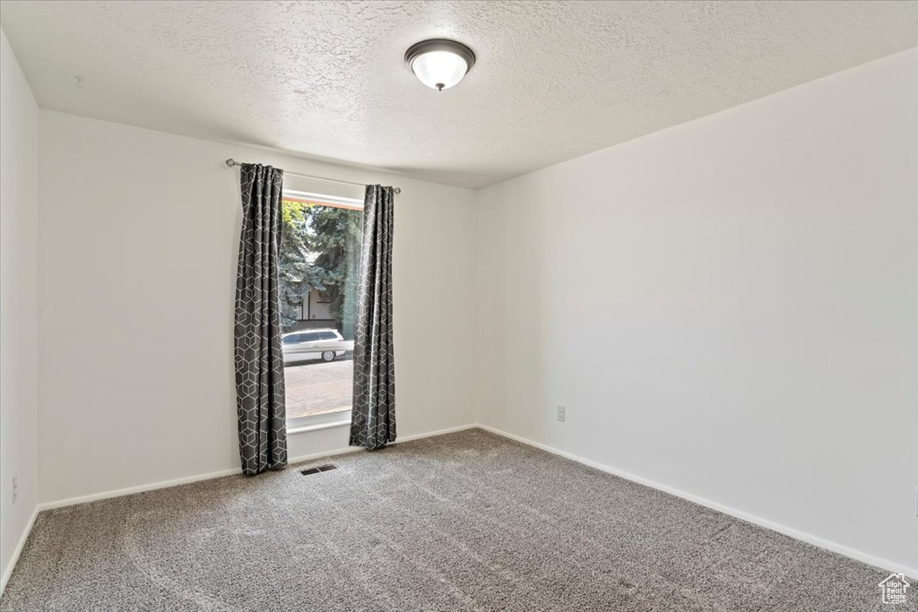 Carpeted spare room with a textured ceiling and baseboards