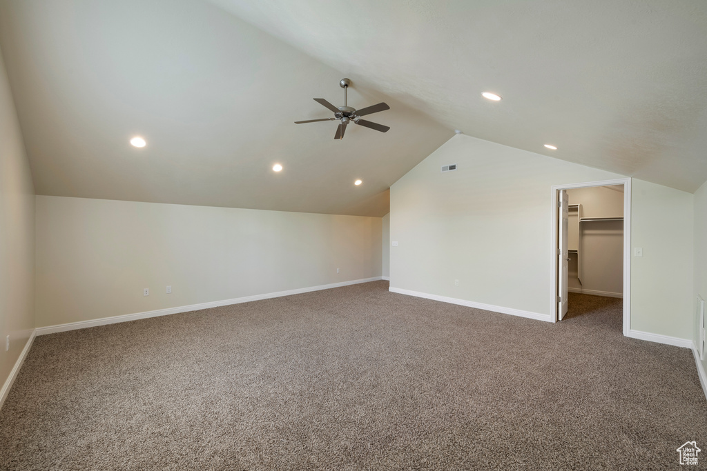 Bonus room featuring ceiling fan, lofted ceiling, carpet flooring, and recessed lighting