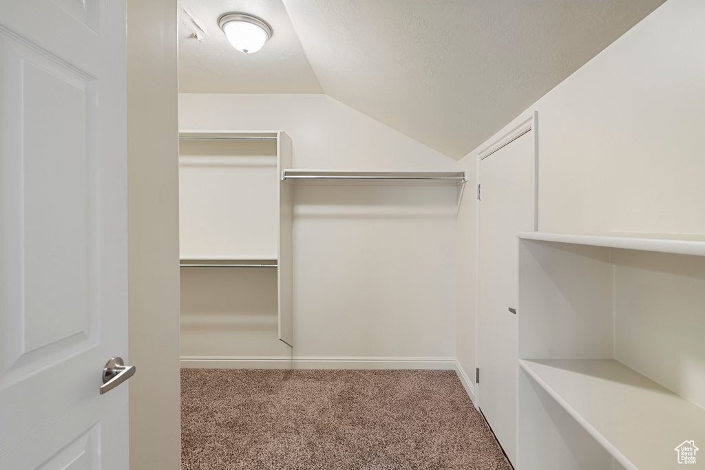 Walk in closet with carpet flooring and vaulted ceiling