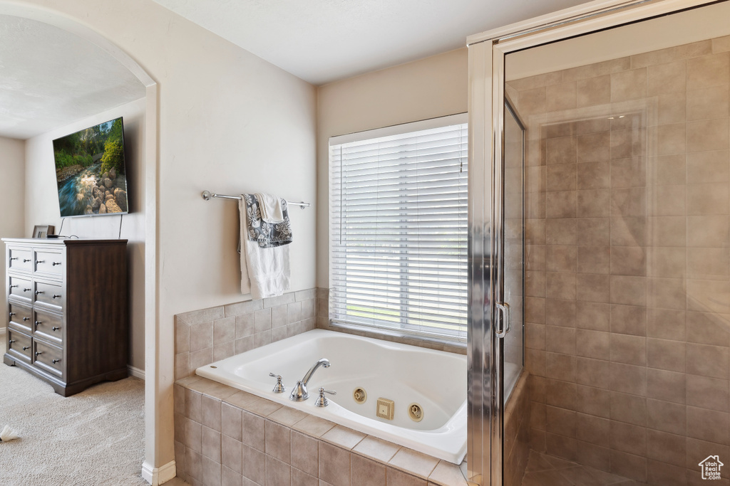 Full bathroom featuring a stall shower and a tub with jets