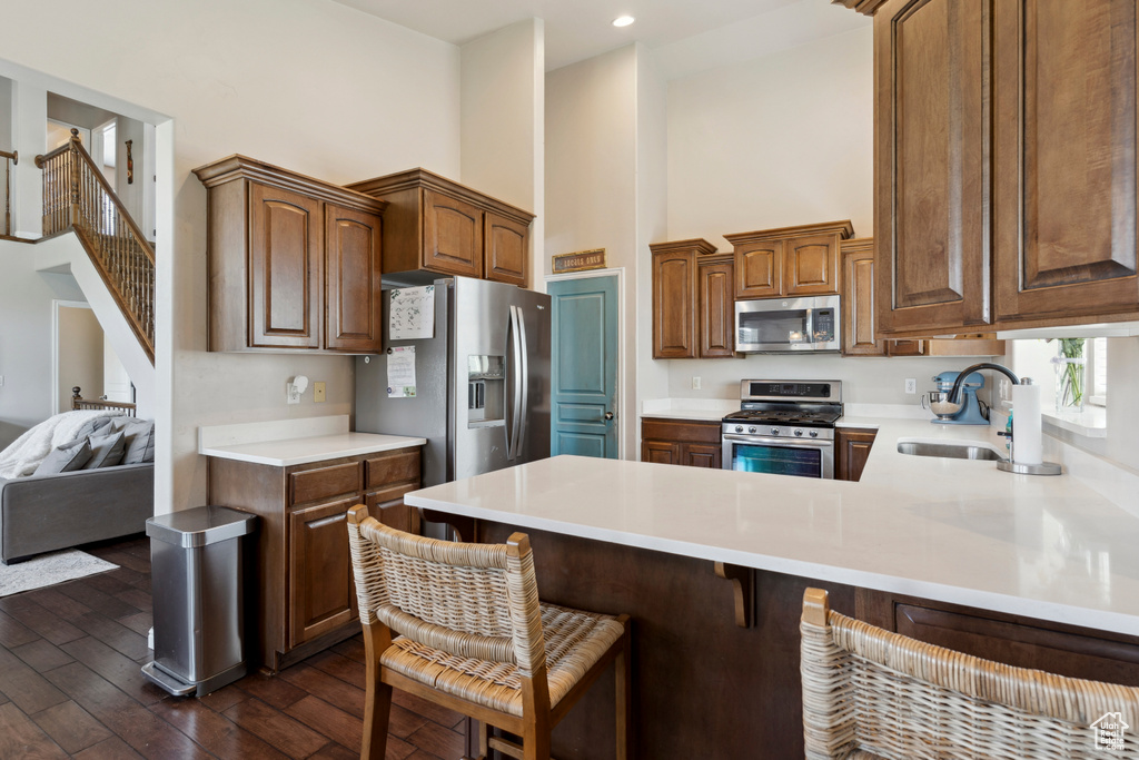 Kitchen featuring appliances with stainless steel finishes, a towering ceiling, a peninsula, dark wood finished floors, and light countertops