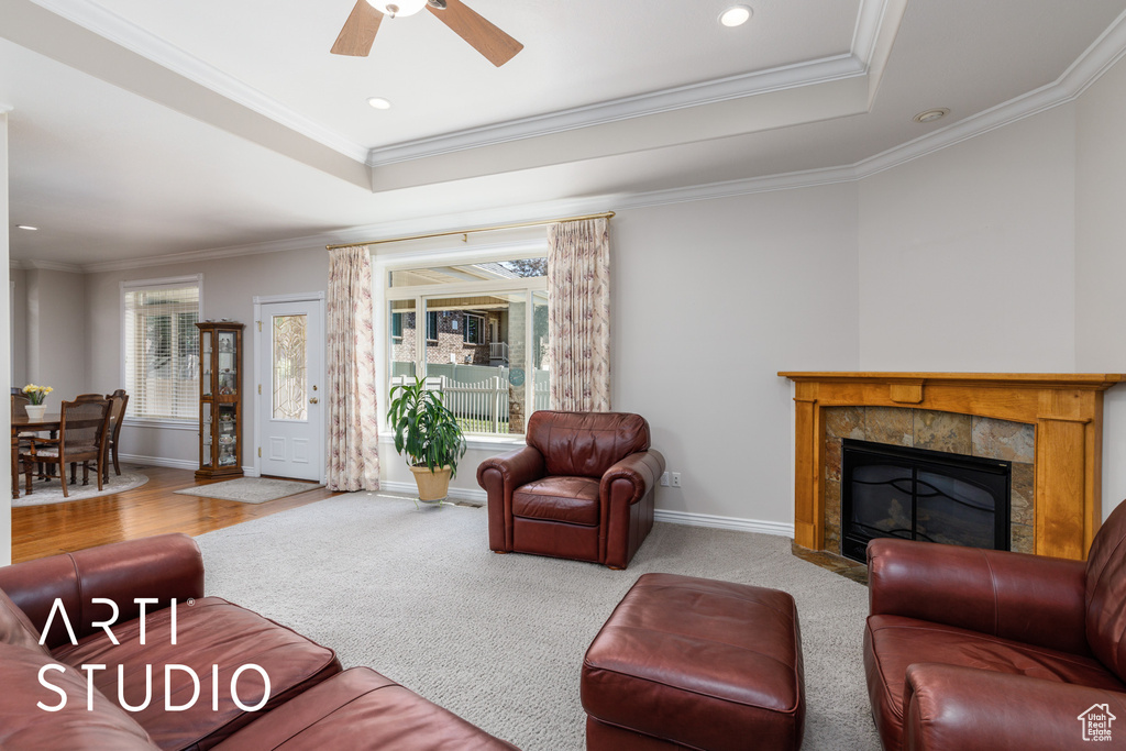 Living area featuring ornamental molding, ceiling fan, a tray ceiling, a premium fireplace, and recessed lighting