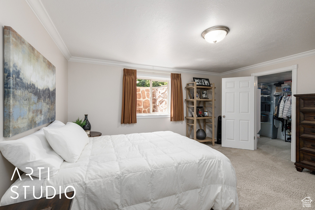 Bedroom with crown molding, carpet floors, and a walk in closet