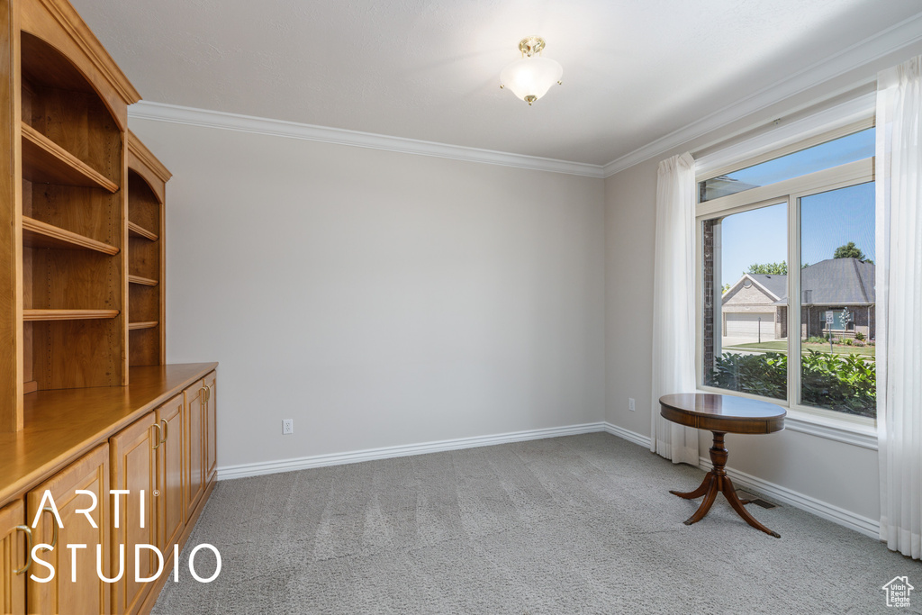 Unfurnished room featuring light colored carpet and ornamental molding