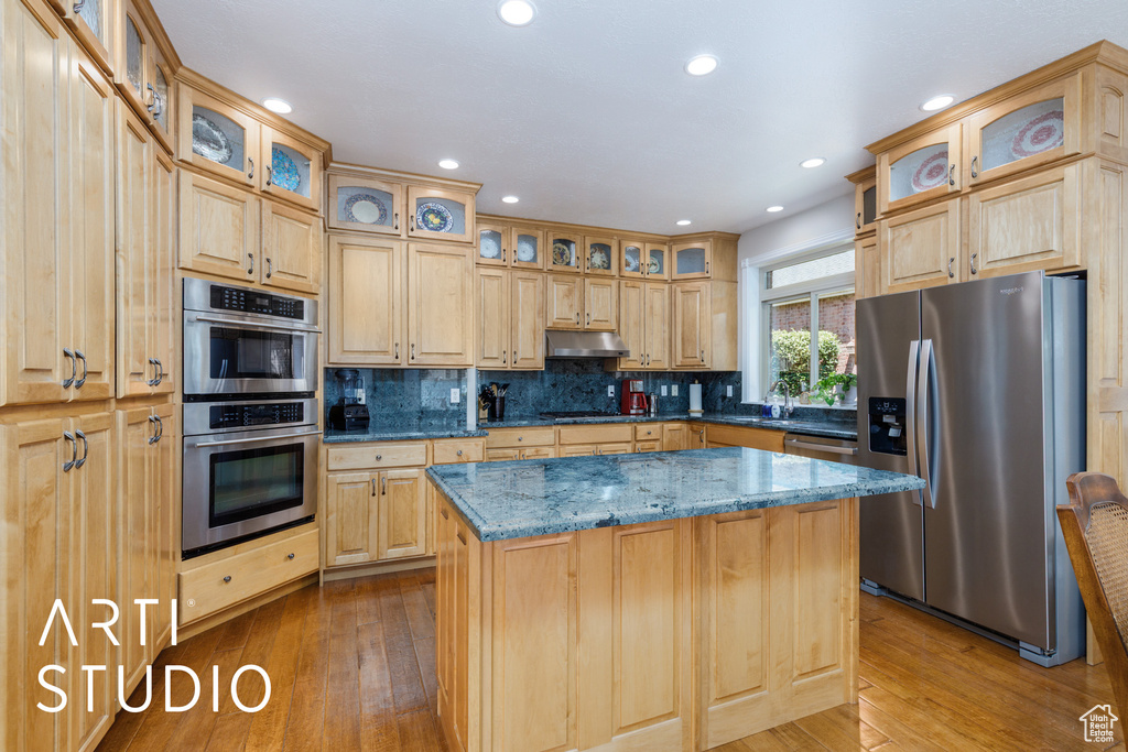 Kitchen featuring stainless steel appliances, under cabinet range hood, wood finished floors, dark stone countertops, and decorative backsplash