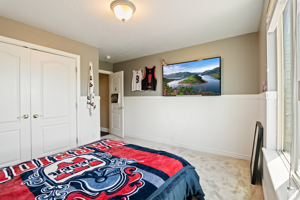 Carpeted bedroom featuring wainscoting and a closet