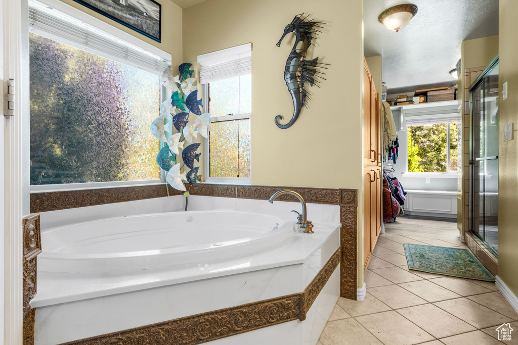 Full bathroom featuring tile patterned floors, a bath, and a stall shower