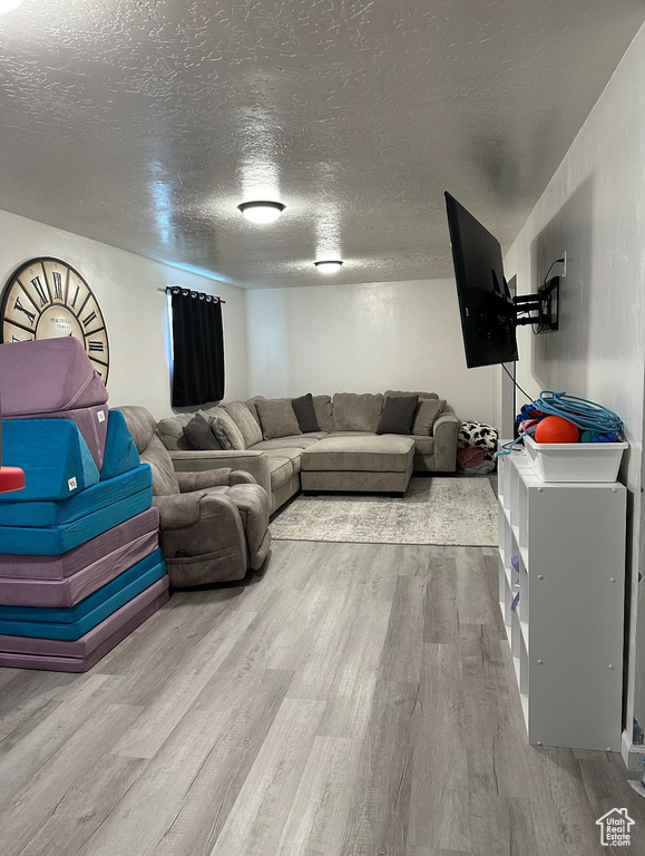 Living room with wood finished floors and a textured ceiling