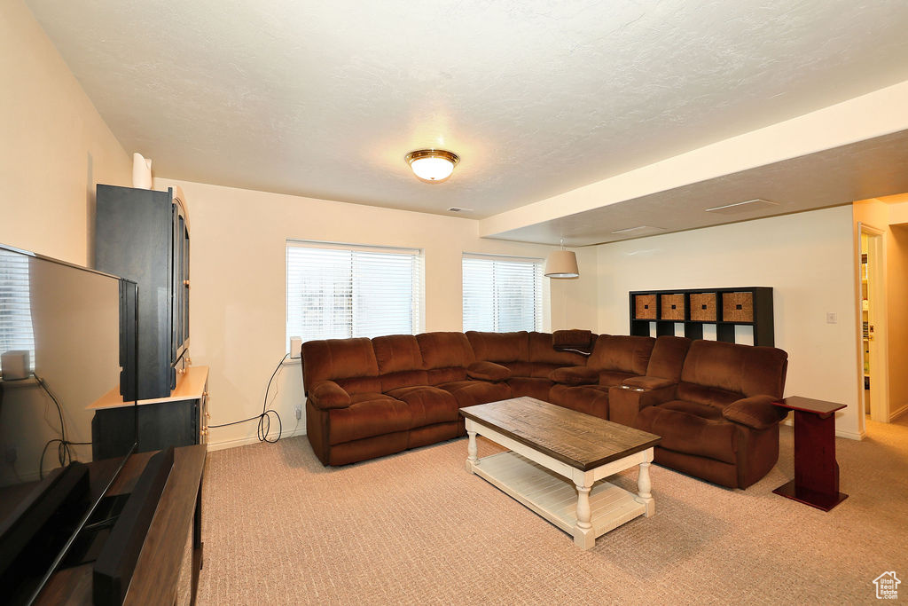 Living area featuring carpet flooring and baseboards