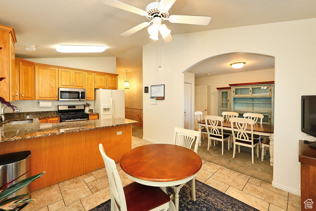 Kitchen with stainless steel appliances, arched walkways, lofted ceiling, a ceiling fan, and a peninsula