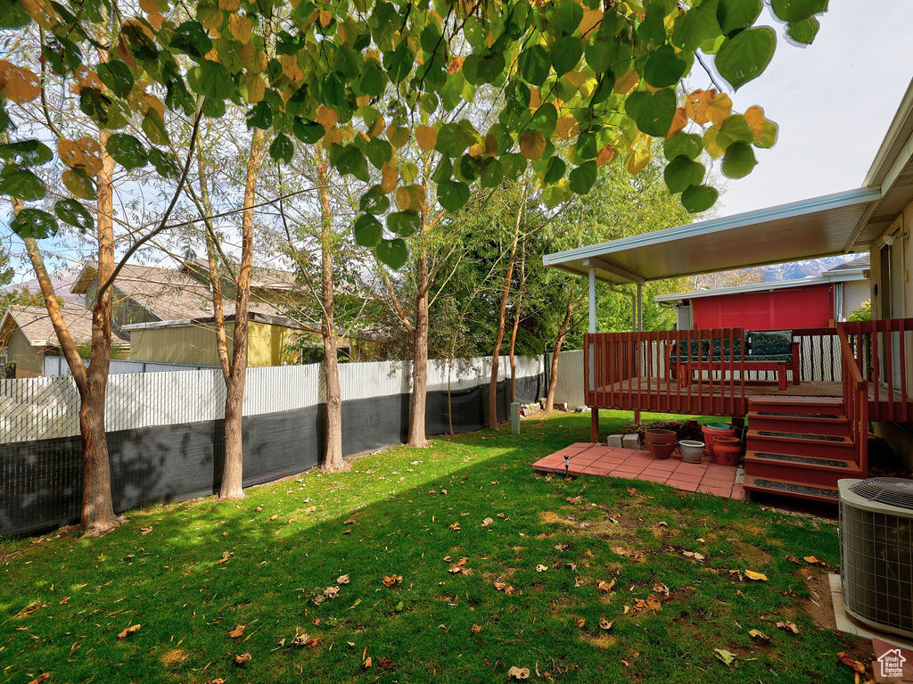 Fenced backyard featuring a wooden deck