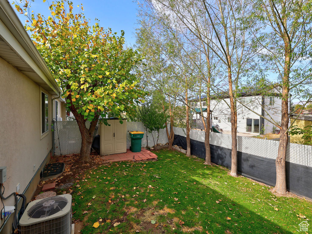 Fenced backyard with a storage shed