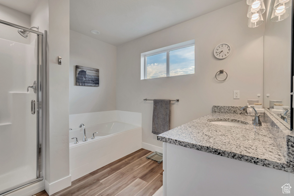 Bathroom with vanity, a shower stall, and wood finished floors