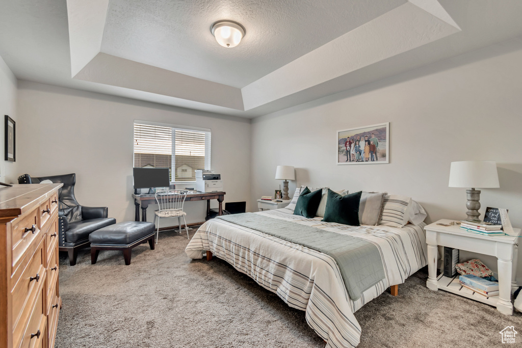 Bedroom with a raised ceiling, carpet, a textured ceiling, and an office area