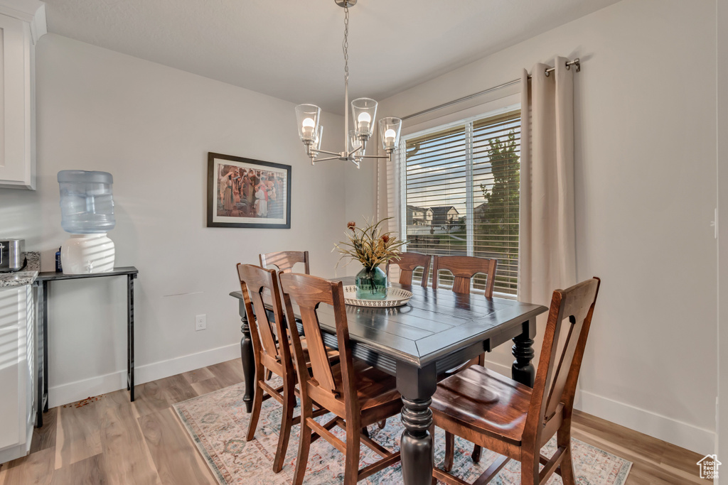Dining space featuring a chandelier and light wood-type flooring