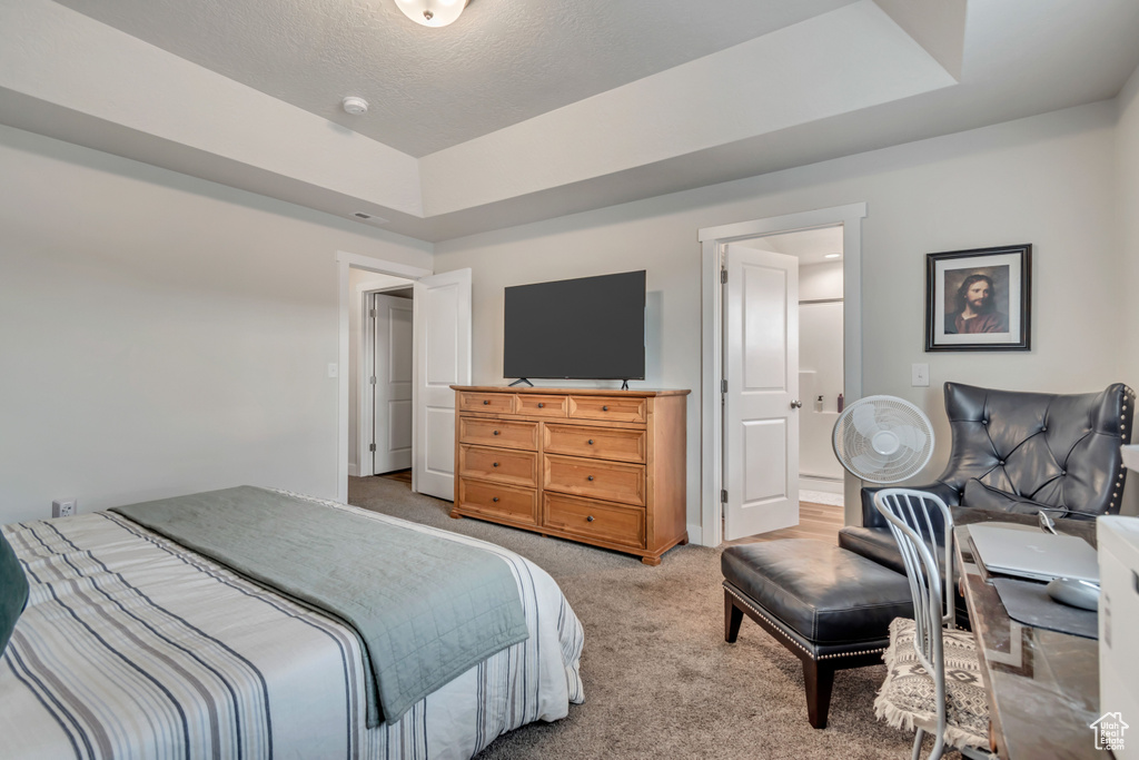 Bedroom featuring carpet floors and a raised ceiling