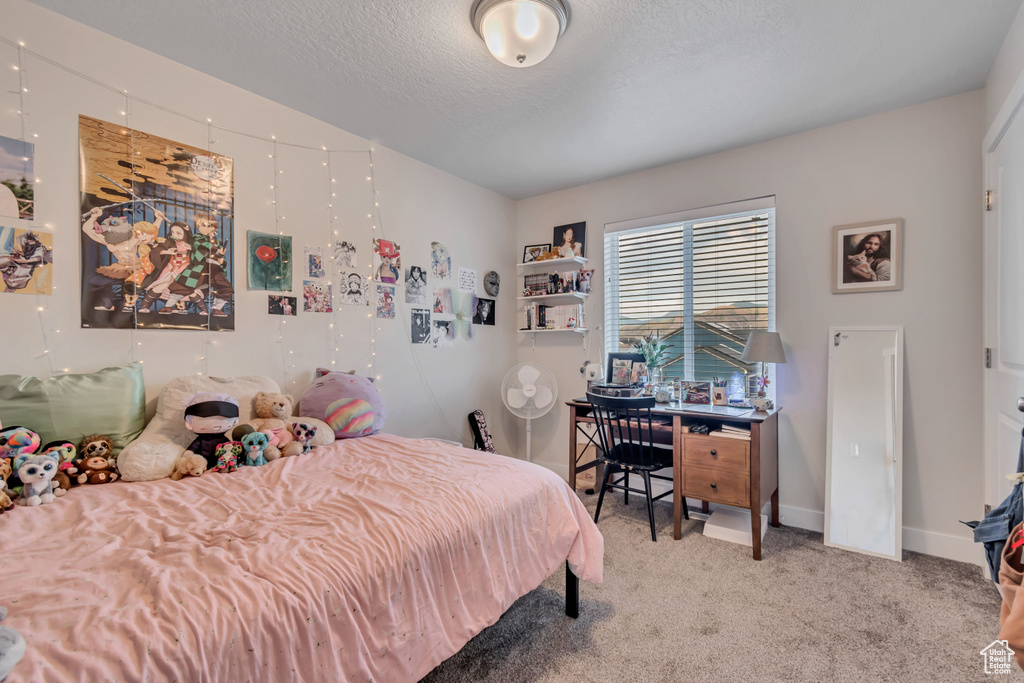 Bedroom with carpet flooring and a textured ceiling