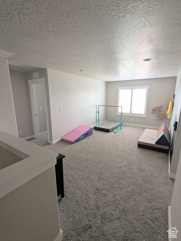 Game room with carpet flooring and a textured ceiling