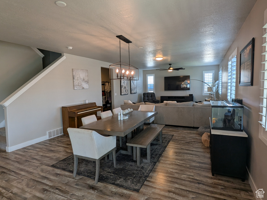 Dining space with ceiling fan, dark wood-style floors, a textured ceiling, and a chandelier