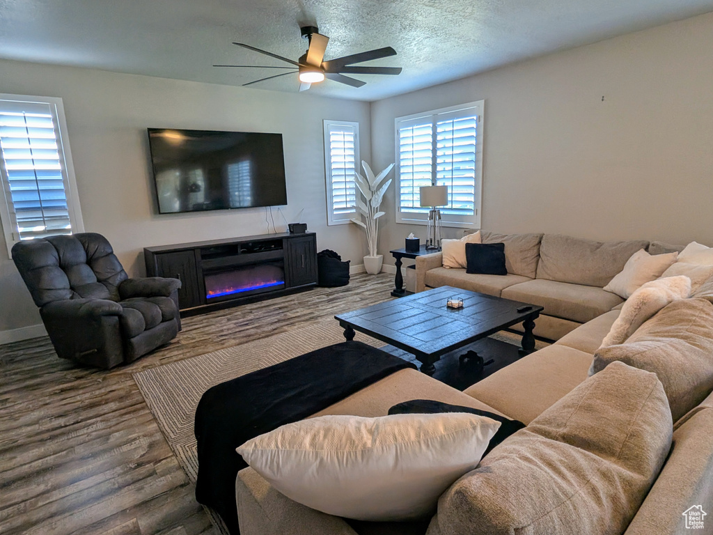 Living room featuring ceiling fan, wood finished floors, a glass covered fireplace, and a textured ceiling
