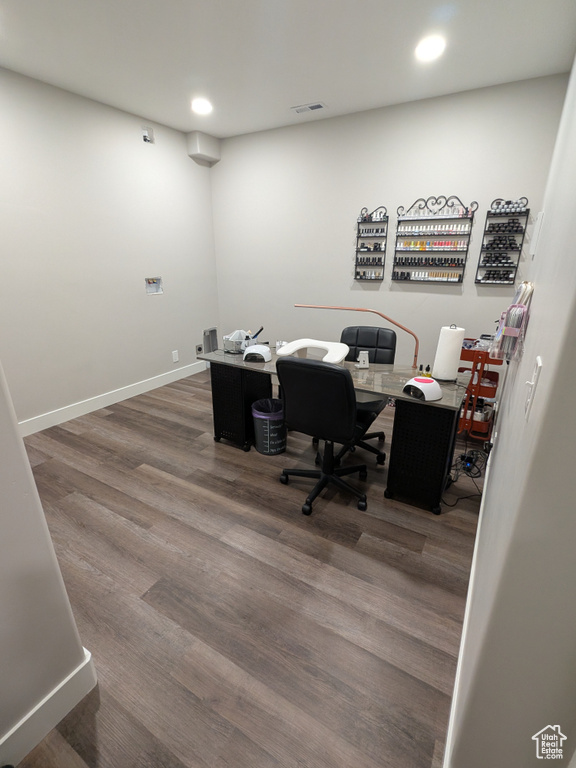 Office area featuring recessed lighting and wood finished floors