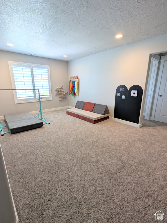 Rec room featuring a textured ceiling, carpet flooring, and recessed lighting