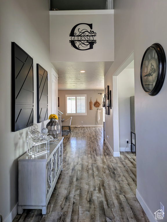 Corridor featuring wood finished floors and a towering ceiling