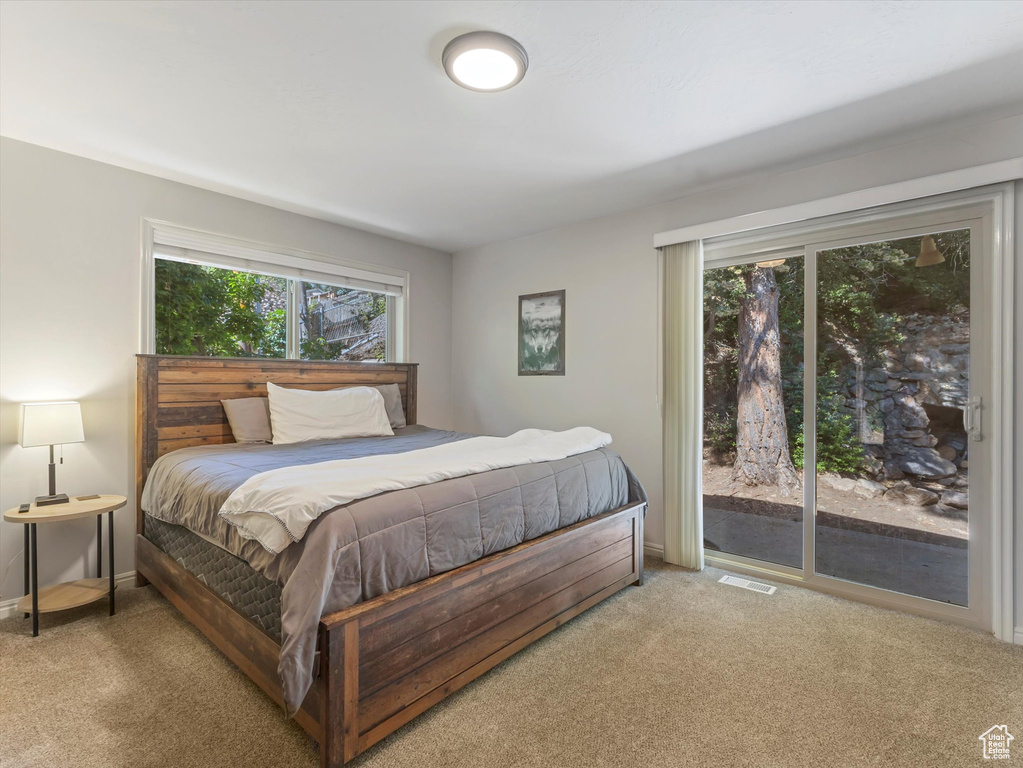 Bedroom with access to exterior and light carpet