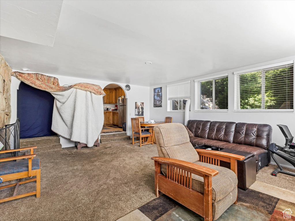 Living area featuring arched walkways and carpet flooring