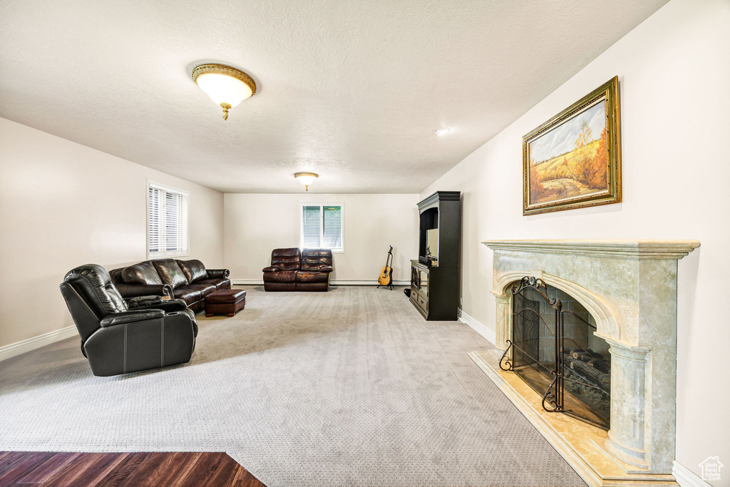 Living room with a high end fireplace and carpet floors
