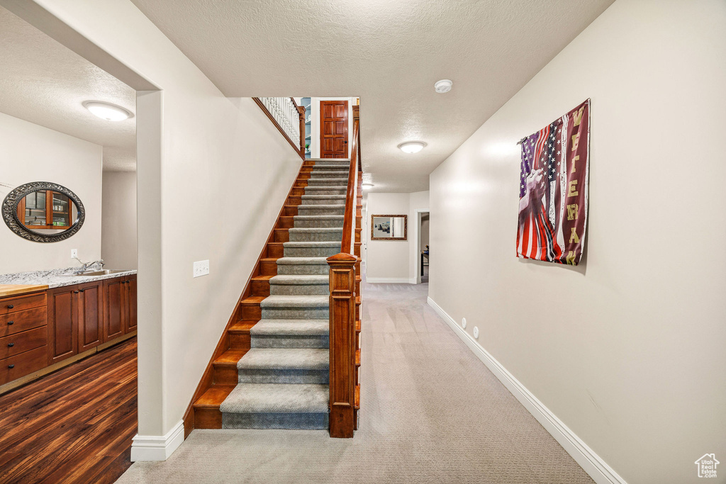 Stairs with a textured ceiling and carpet floors