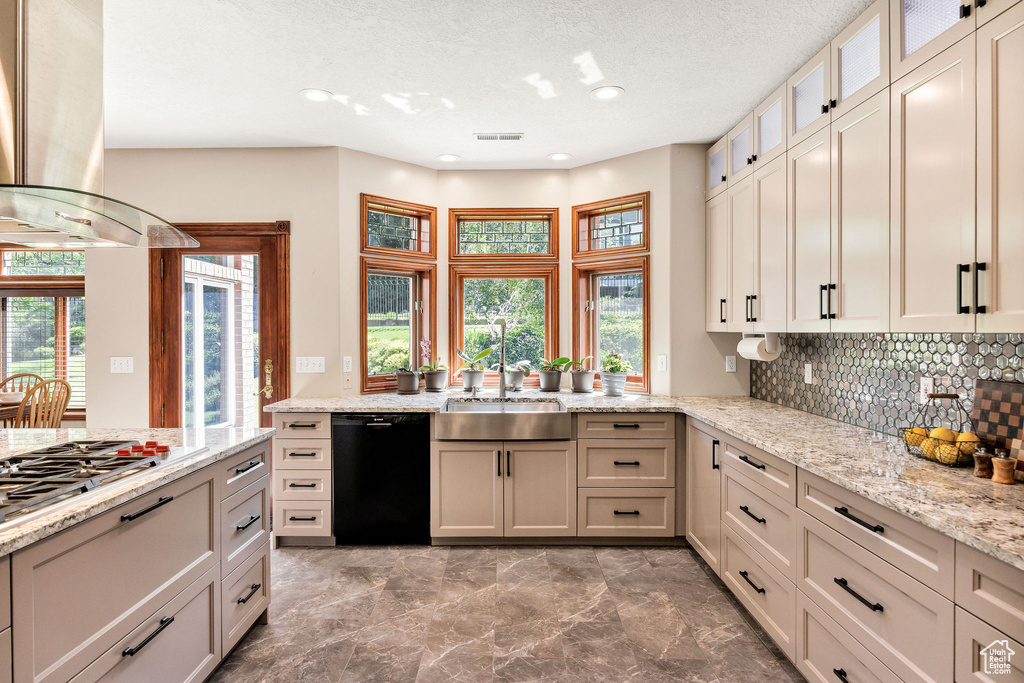 Kitchen featuring dishwasher, island range hood, plenty of natural light, decorative backsplash, and recessed lighting