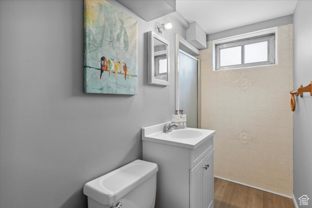 Full bathroom with vanity, wood finished floors, and a shower with shower door