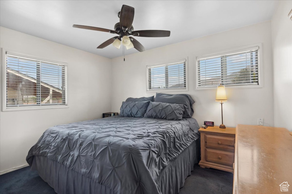 Carpeted bedroom with multiple windows and ceiling fan