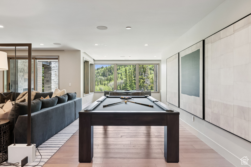Rec room with pool table, light wood-type flooring, and recessed lighting