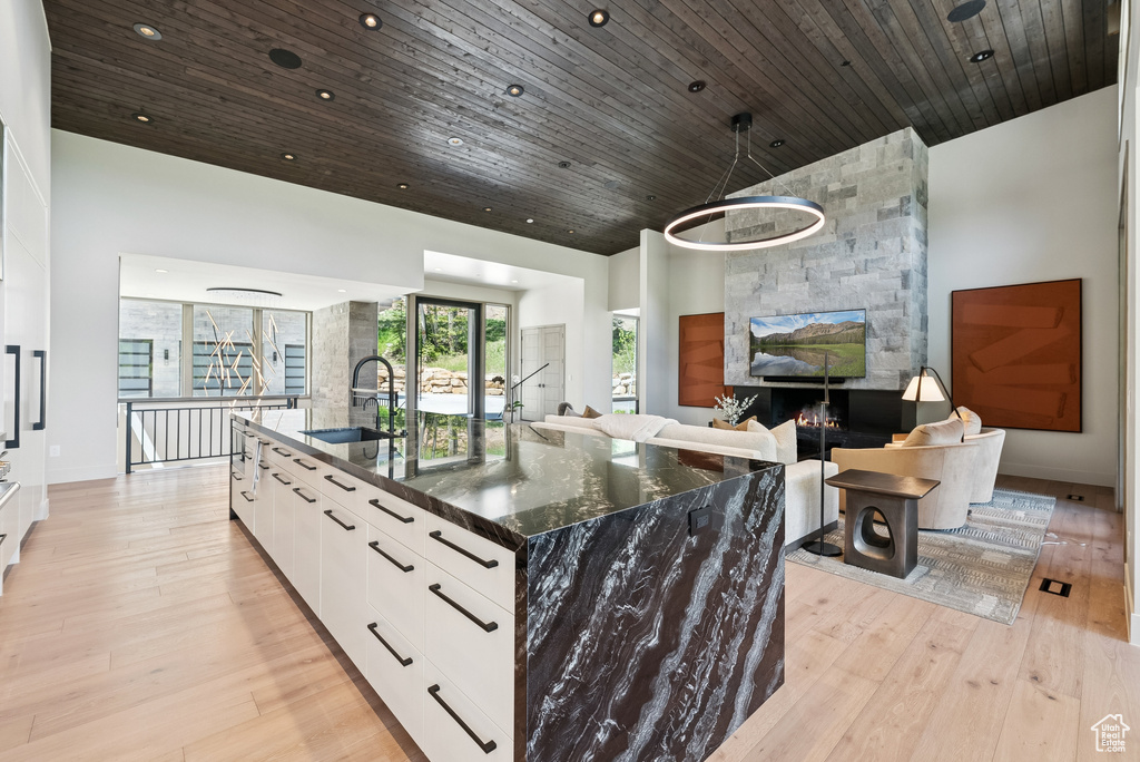 Kitchen with modern cabinets, light wood-style floors, wood ceiling, white cabinetry, and a large island