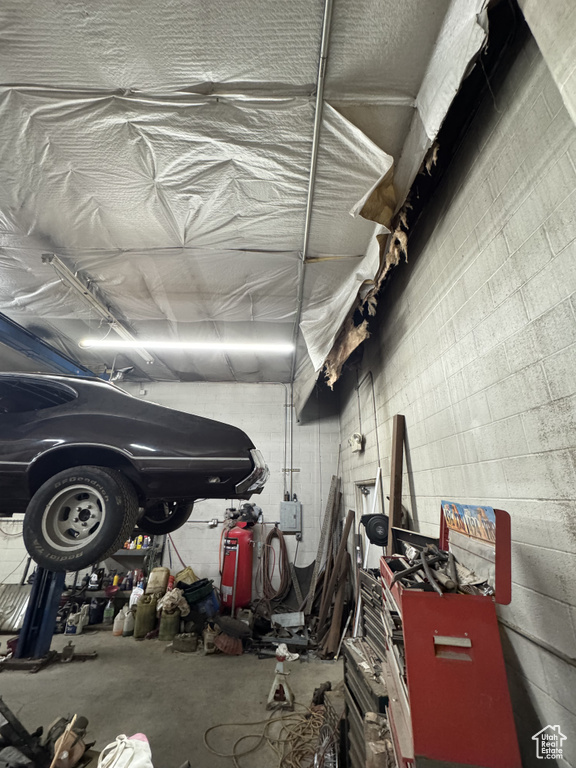 Garage with concrete block wall