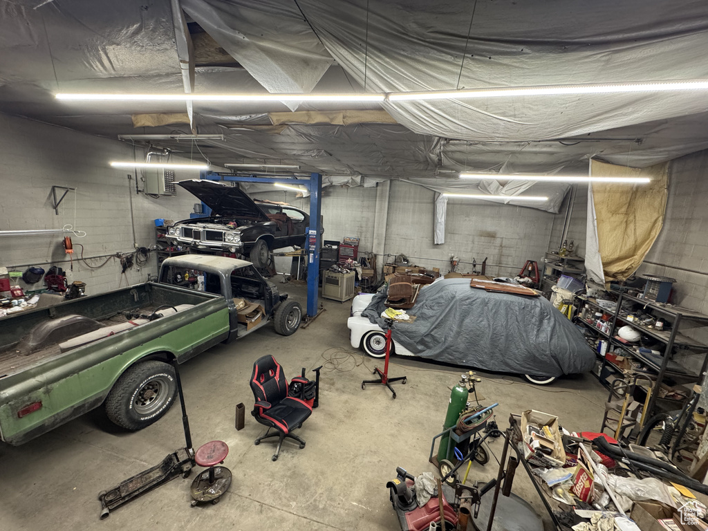 Garage with concrete block wall