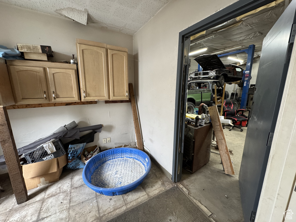 Interior space with unfinished concrete flooring