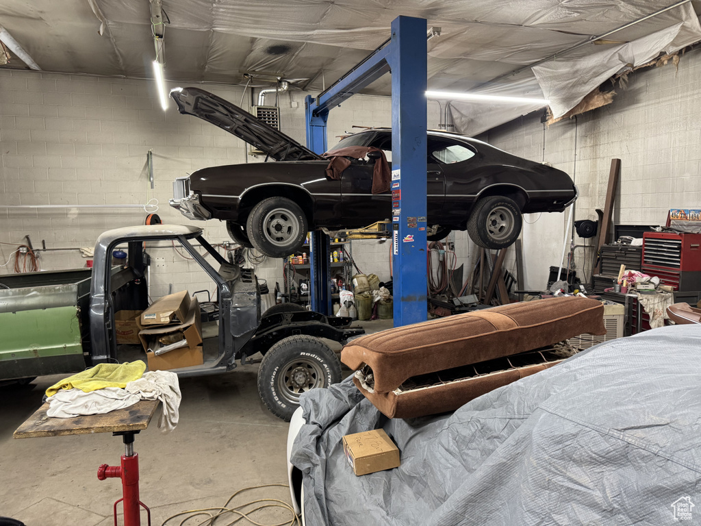 Garage with concrete block wall
