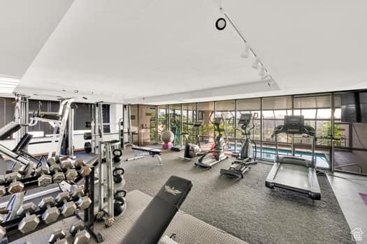 Workout area with floor to ceiling windows and rail lighting