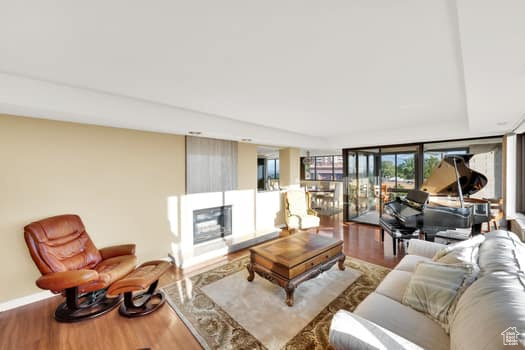 Living area featuring wood finished floors and a fireplace